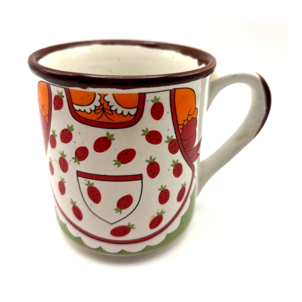 Vintage Coffee Mug Japan 1980s Kitsch Speckled Strawberry Apron Design